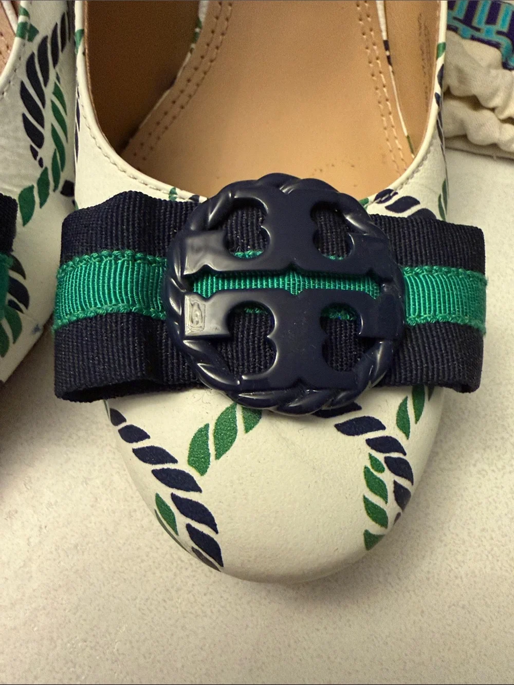 Tory Burch Maritime Nautical Rope-Print Pumps with Green & Black Bow Accent